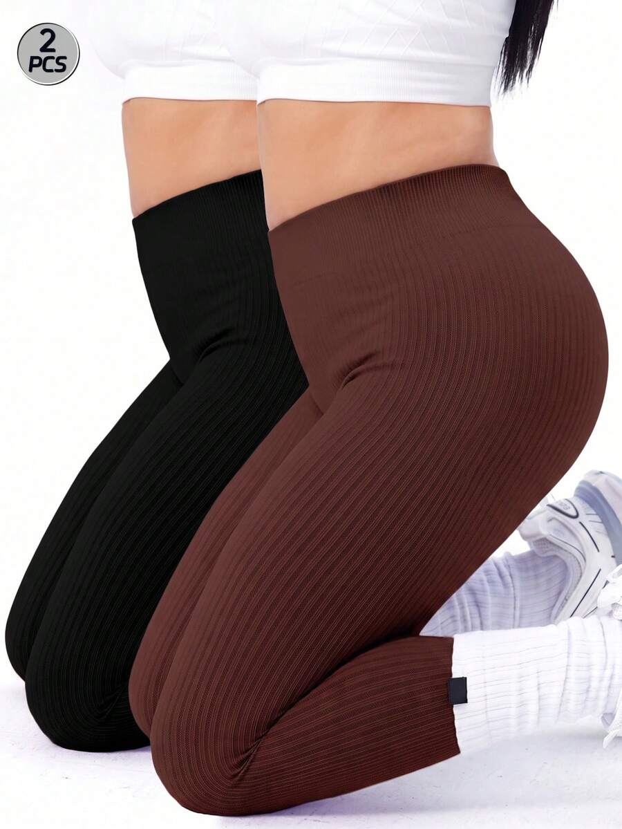 SHEIN Velisys Plus Size Solid Color High Waist Slim Fit Athletic Leggings - Multicolor - View 1