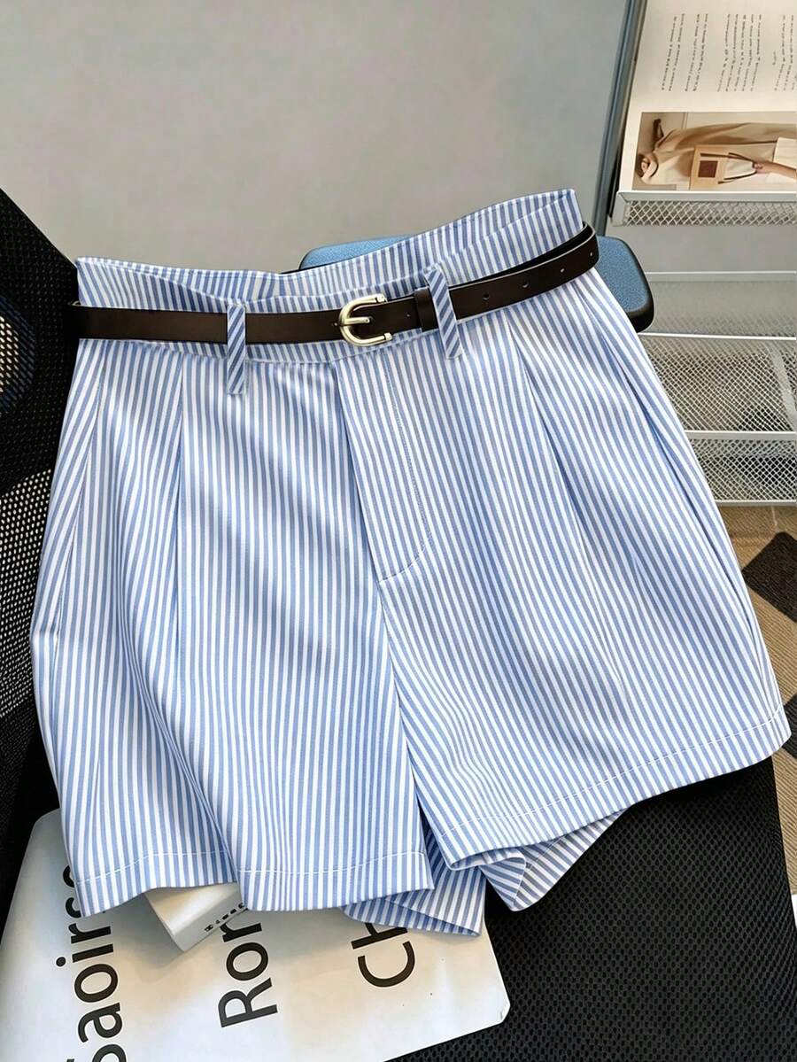 Franclia 休閒通勤時尚百搭中高腰附腰帶夏季新款卡其色純色女款短褲 - 藍白色 - 查看 1