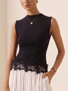 Briarwyn Autumn Women's French Elegant Lace Patchwork Knitted Tank Top For Date Brunch Dinner Office And Vacation Black Going Out Tops - Black - View 3