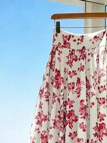 Franclia Fashionable High-End A-Line Striped Floral Elastic Waist Casual Romantic Elegant Skirt, Women's Spring Summer, Vacation, Y2K, Garden Party Date - Red and White - View 3
