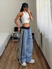 StreetHx Women's Fashion Versatile Striped Contrast Color Drawstring Waist Denim Jeans - Blue - View 1