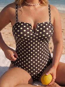 Swim Vcay 2026 جديد ربيع/صيف مقاس كبير قطعة واحدة أسود وأبيض بنقاط عشوائية طباعة حمالات كتف قابلة للفصل تصميم رقبة V مع كشكشة بدلة سباحة زخرفية مناسبة لعطلة الشاطئ - متعدد الألوان - مشاهدة 3