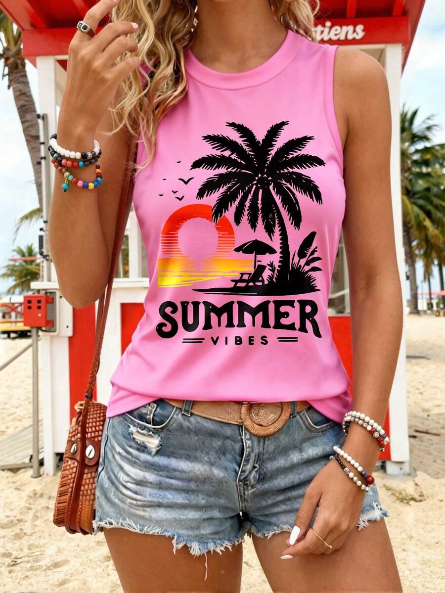 DrmWander Women's Casual Letter Print Round Neck Tank Top - White - View 1
