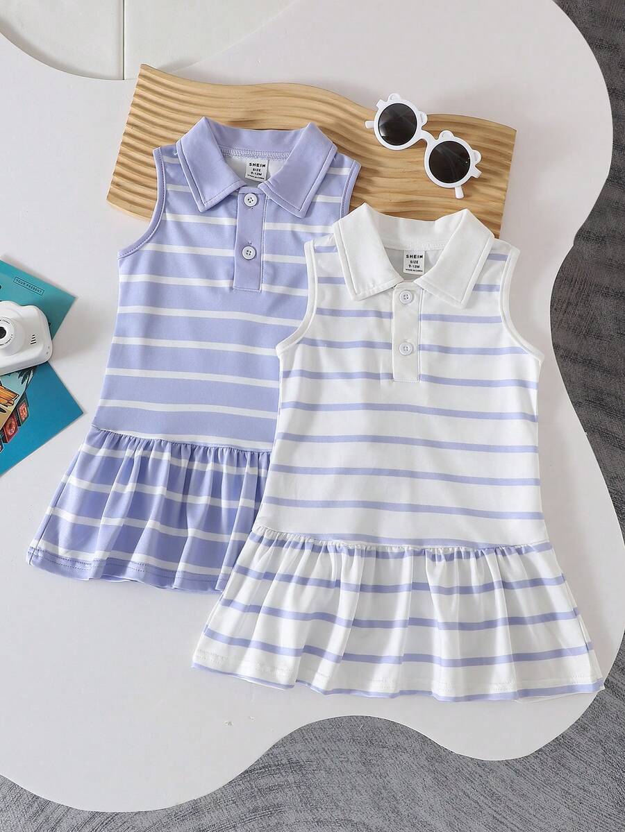 SHEIN Playful Pals 2pcs Baby Girl Summer Striped Lapel Strap Dress - Multicolor - View 1