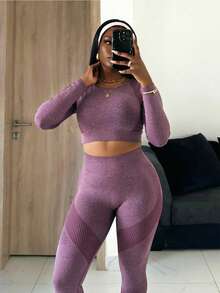 Slaydiva Women's Plus Size Solid Color Long Sleeve T-Shirt And High Waist Leggings Sports Set Fall - Burgundy - View 6