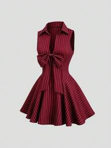 Sweetra Spring/Summer New Black Striped Custom Bow Sleeveless Dress, Slimming Little Black Dress, Office Mature Style, Striped Dress With 3D Waist And Full Skirt, Fashionable Versatile - Burgundy - View 3