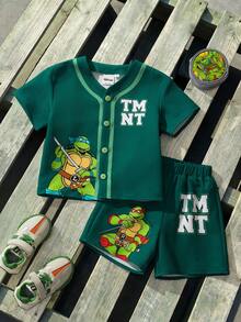 TEENAGE MUTANT NINJA TURTLES | SHEIN Young Boy Summer Casual Cartoon Print T-Shirt & Shorts Set - Green - View 3
