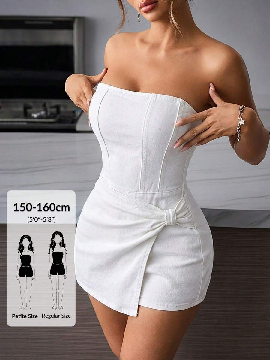 SHEIN PETITE 女款純色抓皺不對稱下擺無袖牛仔連身褲，適合嬌小女性