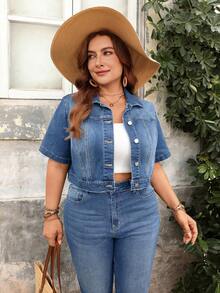 Elenzga Plus Size Women's Elegant Comfortable Mid-Blue Stretch Denim Jacket - Light Wash - View 7