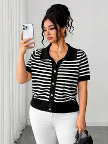 Elenzga Plus Size Fitted Commuter Minimalist Elegant Button Knit Cardigan Fall - Black and White - View 8