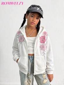 Fall Winter Girls' Floral Print Hooded Zip-Up Jacket - Colorblock Letter Print Street Style Back To School Warm Knit Fabric Suitable For Fall Winter S - Multicolor - View 3