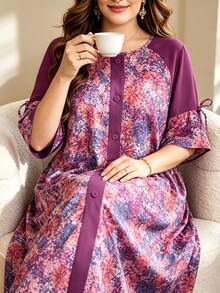 Lacomfia Random Floral Purple-Red Print Flower Dress Elegant Boho Fashion Beautiful Loose Half Sleeve Five-Point Sleeve Casual Plus Size Vacation Formal Summer - Multicolor - View 3