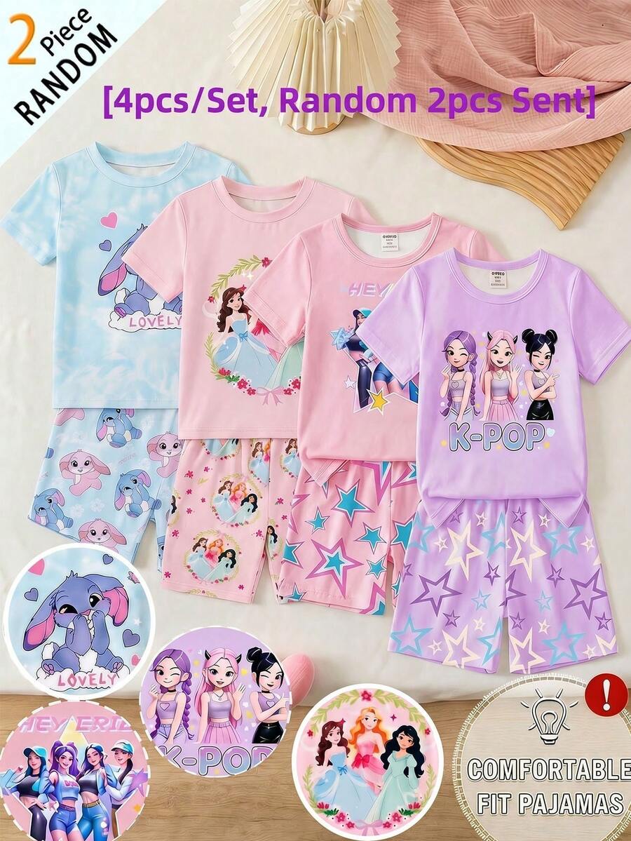 SHEIN 【随机4套，送1套】惊喜盒子！！！！30%概率获得2套！！女童睡衣，春夏新款时尚可爱卡通韩流女团印花，针织紧身弹力短袖短裤两件套睡衣（随机发货）短袖睡衣套装，夏季薄针织面料，舒适紧身圆领T恤和短裤睡衣套装