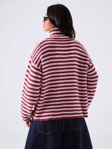 LYSMO Women's Striped Colorblock Zipper High Neck Long Sleeve Fashion Sweater - Multicolor - View 2
