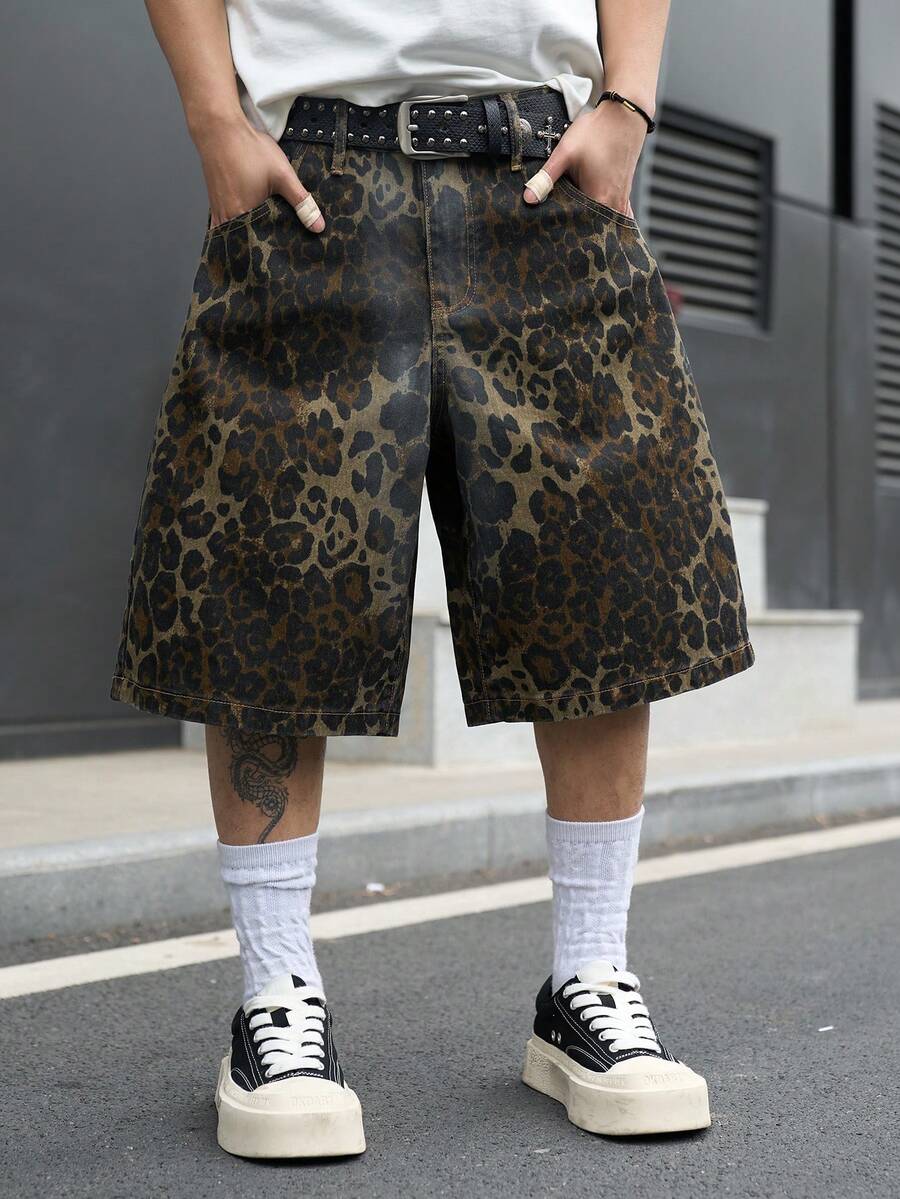 Manfinity EMRG Shorts vaqueros casuales con estampado de leopardo y efecto desgastado para hombre - Multicolor - Ver 1