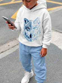 SHEIN 兒童青少年男孩休閒街頭風動物圖案狼圖案酷感連帽衛衣與藍色運動長褲套裝，適合通勤、上學、日常休閒外出、運動，秋冬款 - 藍色 - 查看 4
