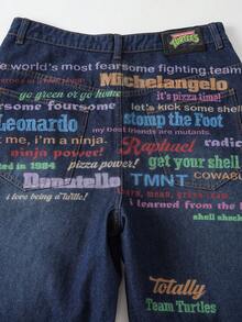 TEENAGE MUTANT NINJA TURTLES | SHEIN Men's Casual Washed Slogan Print Denim Jeans - Blue Black - View 5