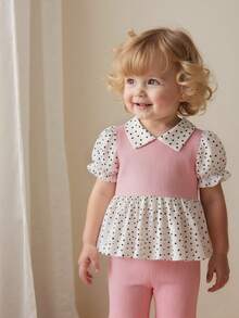 SHEIN Playful Pals Baby Girls' Spring/Summer Holiday 2-Piece Set, Polka Dot Pattern, Cute Style. Collared Puff Short Sleeve Ruffle Hem Top, Flared Long Pants, Pink - Baby Pink - View 3