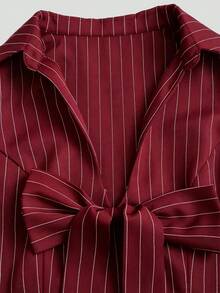 Sweetra Spring/Summer New Black Striped Custom Bow Sleeveless Dress, Slimming Little Black Dress, Office Mature Style, Striped Dress With 3D Waist And Full Skirt, Fashionable Versatile - Burgundy - View 4