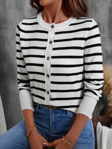 SHEIN 春秋休闲拼色条纹长袖开衫、长袖上衣 - 彩色 - 查看 5