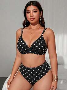 Swim Lushoire 大尺碼女款新款純色聚攏鋼圈比基尼套裝，2件組高腰三角泳褲，可調節肩帶，優雅時尚性感休閒度假風海灘泳衣 - 黑與白 - 查看 4