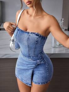 SHEIN PETITE 女款牛仔連身裙，抽褶不對稱下擺，時尚度假旅行風，適合小個女生 - 藍色 - 查看 6