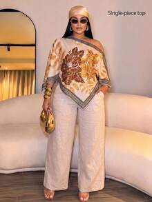 SOLERSUN 女士加大码休闲优雅杏色印花不对称领长袖不对称下摆衬衫斜肩开衩袖宽松时尚衬衫复古日落假日印花蝙蝠袖上衣新款上市百搭日常通勤、外出、静谧奢华度假、女士休闲衬衫、假日服装 - 杏色 - 查看 1