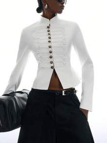 LYSMO Women's Fashion Design Metal Button Long Sleeve Blazer Office Dinner Formal Corporate White Summer Elegant - Beige - View 1