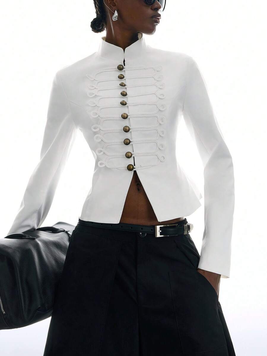 LYSMO Women's Fashion Design Metal Button Long Sleeve Blazer Office Dinner Formal Corporate White Summer Elegant - Beige - View 1