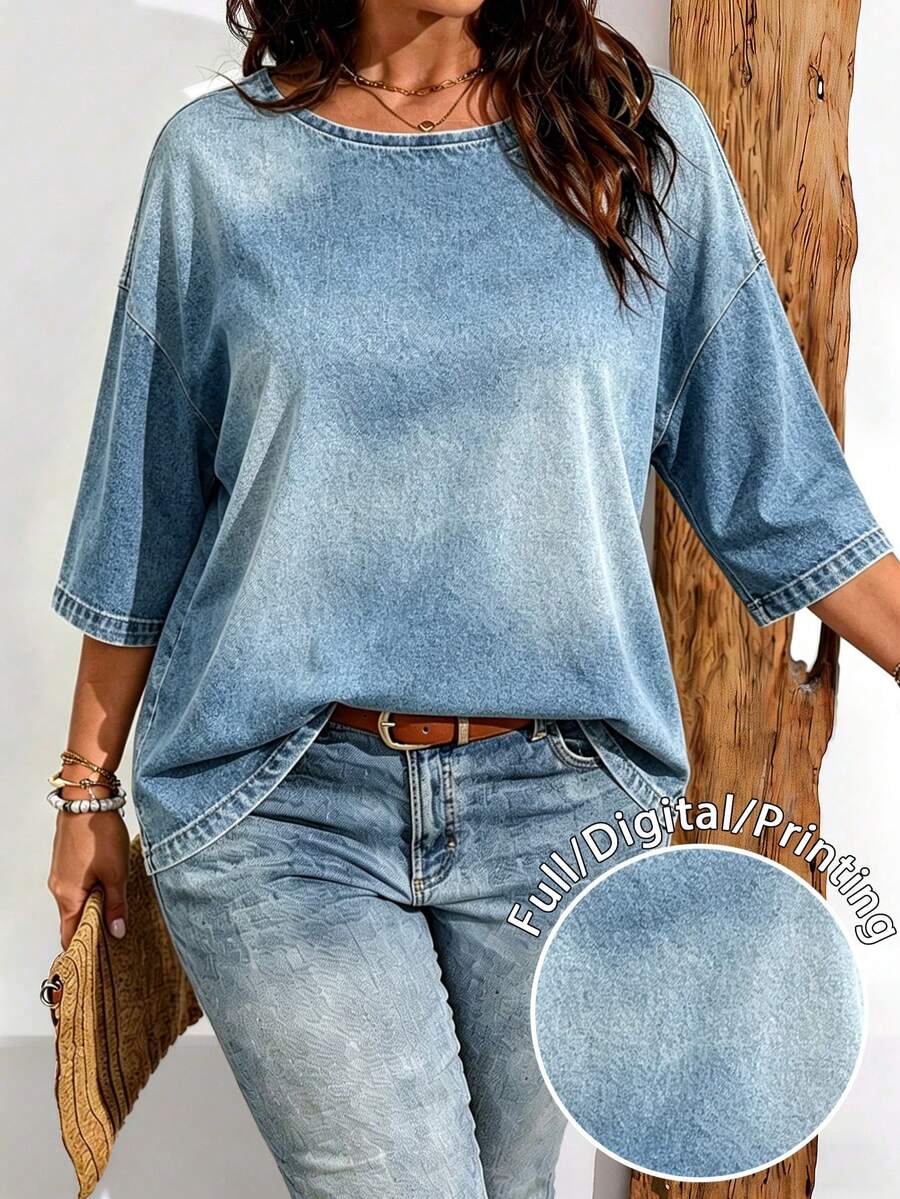 EMERY ROSE Plus Size Women Casual Minimalist Full Print Print Drop Shoulder T-Shirt, Suitable For Summer - Multicolor - View 1