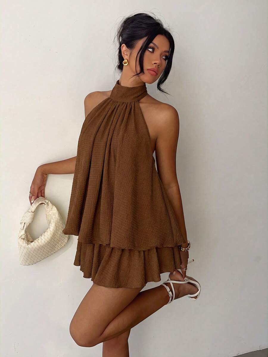 Aloruh 女款優雅淡黃色掛脖繫帶迷你洋裝