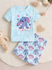 SHEIN 【随机4套，送1套】惊喜盒子！！！！30%概率获得2套！！女童睡衣，春夏新款时尚可爱卡通韩流女团印花，针织紧身弹力短袖短裤两件套睡衣（随机发货）短袖睡衣套装，夏季薄针织面料，舒适紧身圆领T恤和短裤睡衣套装 - 粉色 - 查看 4