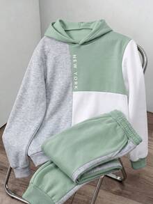 SHEIN 兒童青少年男孩服飾 男童連帽衫 男童運動長褲 配色連帽衫與運動長褲兩件套 適合通勤、上學、日常休閒、大學、旅行、運動 - 橄欖綠 - 查看 4