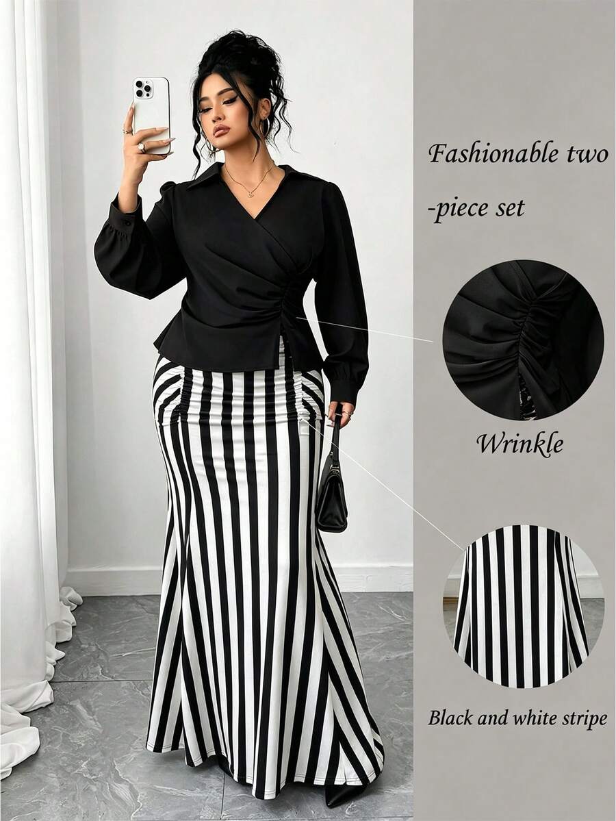 Elenzga Fashion Casual French Vintage Elegant Slimming Leopard Print Fishtail Skirt 2 Pieces Set Fall - Black - View 1