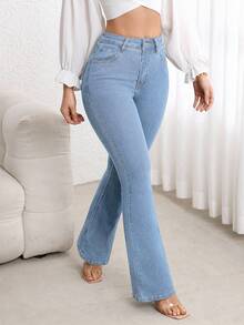 Flexra Petite Stylish Blue Flare Leg Jeans In Soft Denim Perfect For A Chic Casual Look ,Petite Women - Blue - View 6