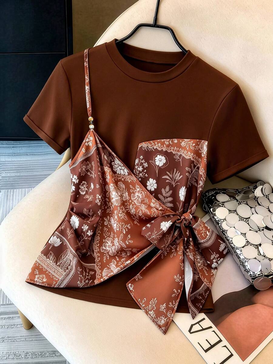 GlowEve CURVE Plus Size T-Shirt Print Casual Versatile Design Fashion Commute Vacation Short Sleeve Brown - Brown - View 1