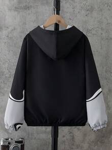 SHEIN 大童男孩字母與星星印花拼色長袖拉鍊連帽外套 - 黑色 - 查看 2