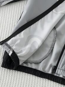 SHEIN 大童男孩字母與星星印花拼色長袖拉鍊連帽外套 - 黑色 - 查看 6