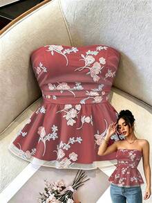 GlowEve 浪漫度假風女款花卉刺繡布料抹胸上衣，抓皺腰部與A字下擺設計 - 紅色 - 查看 3