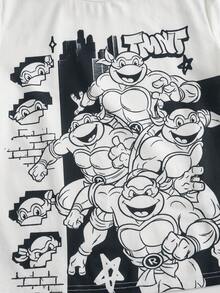 TEENAGE MUTANT NINJA TURTLES | SHEIN Tween Boy Cartoon Print Top And Shorts Loungewear - Black and White - View 4