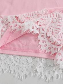 女童珠飾蝴蝶結刺繡圓領短袖休閒標準尺寸T恤 - 粉色 - 查看 5