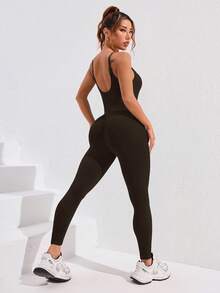 Easithlete Bộ jumpsuit thể thao ôm dáng ống loe màu trơn - Màu nâu Sô-cô-la - Xem 5