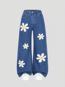 SHEIN ChillGRL 少女牛仔長褲，四季皆宜，休閒學院風，中藍色牛仔布，雛菊貼花3D刺繡，鬆緊腰頭，寬鬆直筒褲腿，舒適純棉牛仔下裝，適合日常穿著、外出、聚會、戶外、夏季度假等多種場合 - 深色水洗藍 - 查看 8