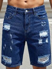 Manfinity Homme Men's Casual Ripped Straight Leg Blue Denim Shorts, Street Fashion For Spring/Summer - Dark Wash - View 4