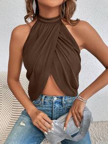 Glamine Summer Sexy Rhinestone Chain Decor Backless Halter Top Party Club Coffee Brown - Brown - View 2