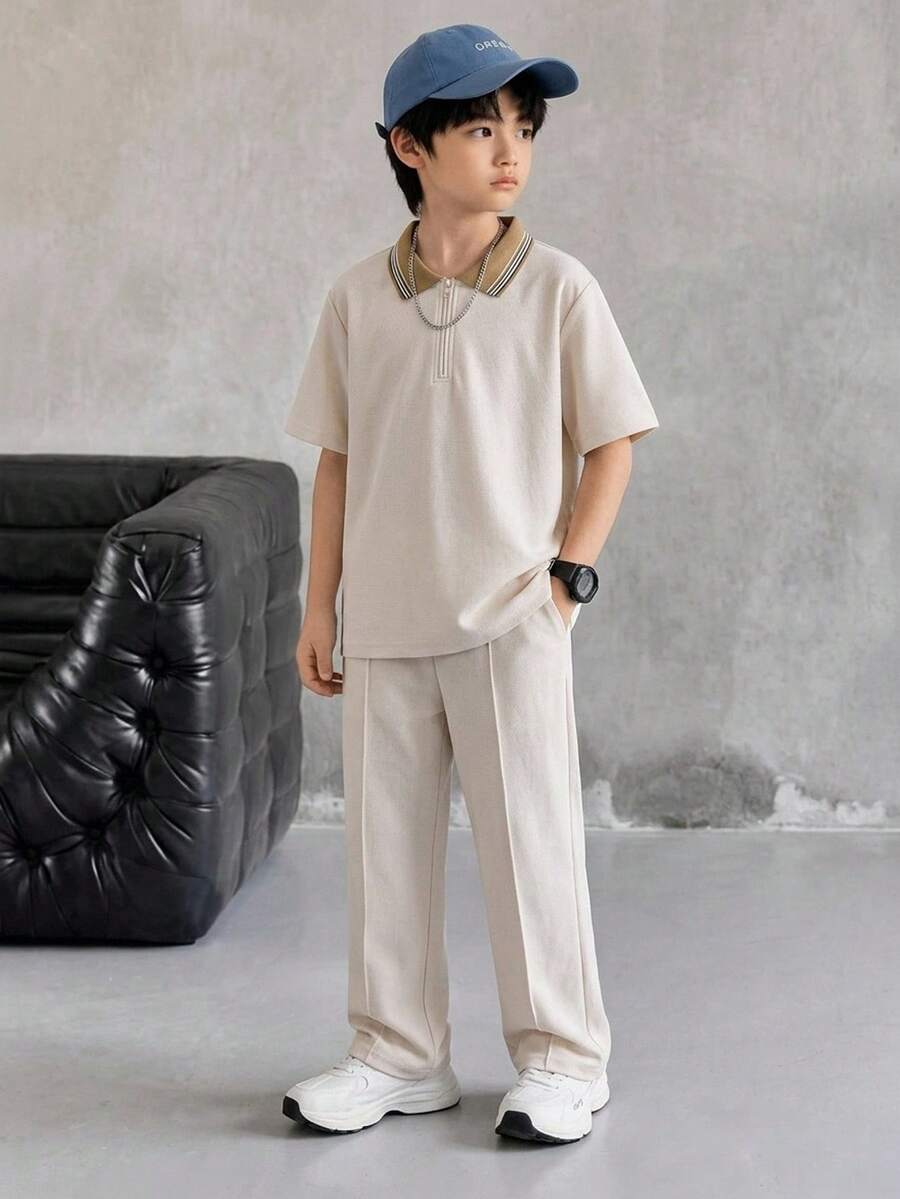 SHEIN Kids Tween Boy Casual Loose Fit Regular Shoulder Solid Color Polo Shirt And Long Pants 2pcs Set, Suitable For Commuting, School, Daily Casual Outings, Sports, Spring And Summer, Graduation - Apricot - View 1