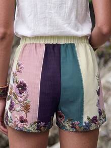 SHEIN Celana Pendek Wanita Pinggang Elastis Motif Bordir Bunga Kasual Gaya Boho Serbaguna untuk Pemakaian Sehari-hari, Piknik, Warna Beige, Musim Panas - Purple - View 2