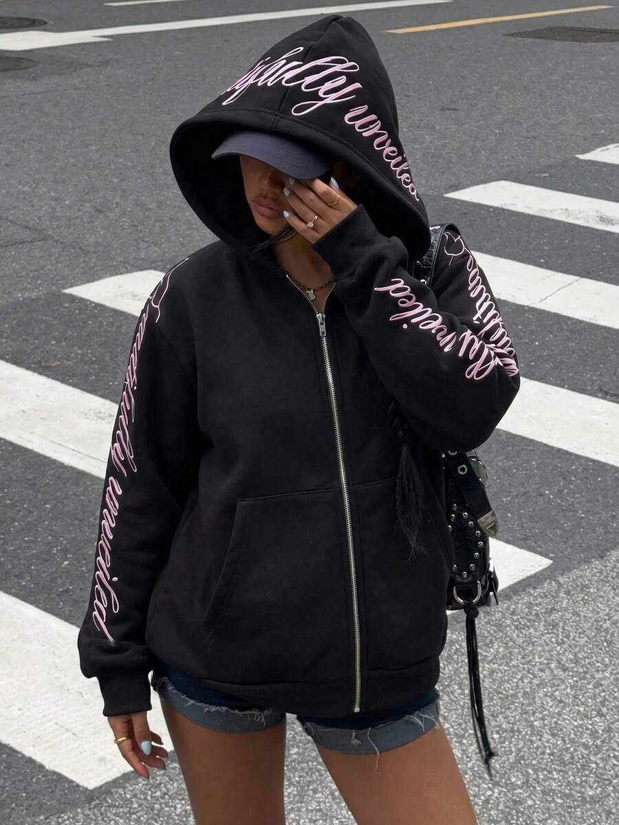 Muchica 女款字母刺繡長袖拉鍊連帽運動衫 - 黑色 - 查看 1