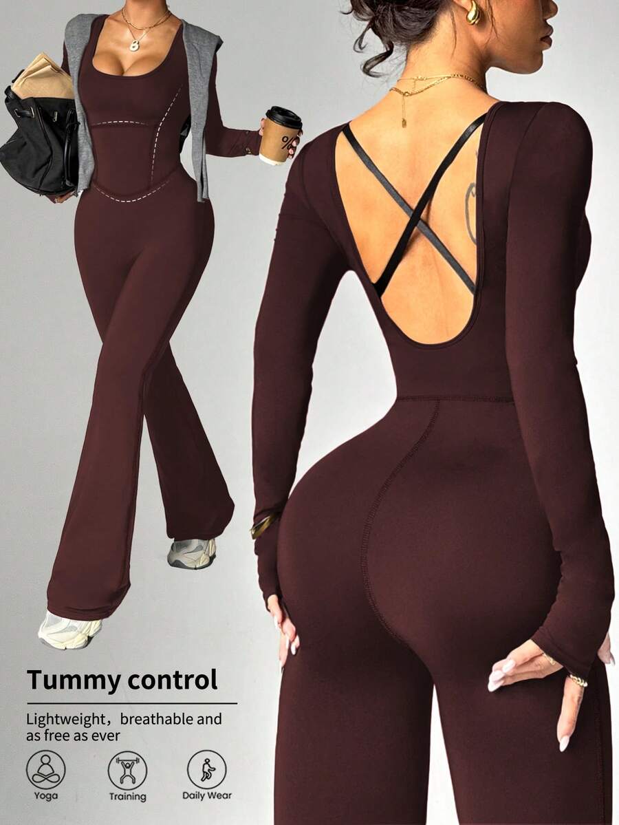 Dewbera Dewbera 女款秋冬連身褲,棕色調性感修身U領長袖交叉背帶前胸貼身下擺喇叭褲腳,適合健身、瑜伽、休閒 - 鏽棕色 - 查看 1