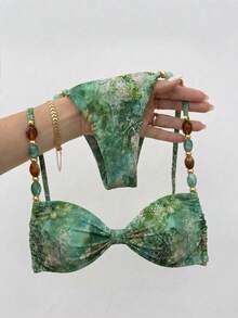 Elavelle Women's Spring/Summer Random Print Spaghetti Strap Beaded Decor Ruched Bikini Set Beach Vacation Green Tropical Sexy - Multicolor - View 3